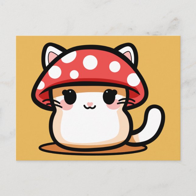 Cartão Postal Gato Cogumelo Kawaii (Frente)