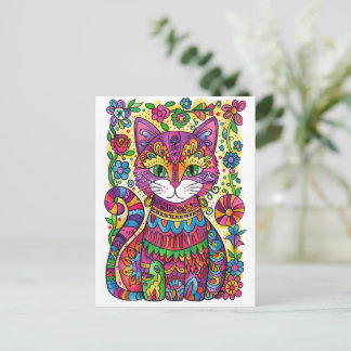 Cartão Postal Gato Colorido.