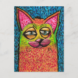 Cartão Postal Gato Colorido em Pastel a Óleo Cores Vibrantes Gat