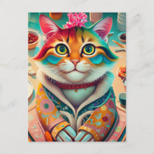 Cartão Postal Gato Colorido em uma roupa