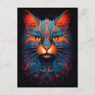 Cartão Postal Gato Colorido Gato Animal Psicodélico Fantasia Art