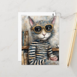 Cartão Postal Gato com café