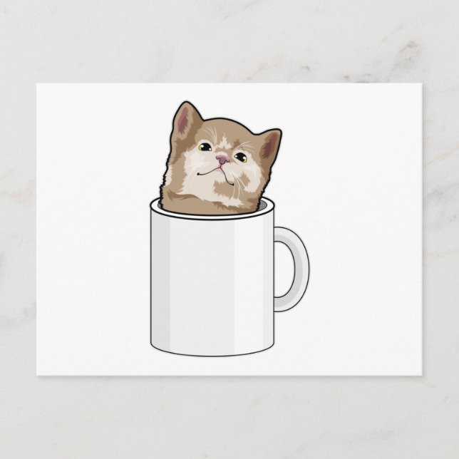 Cartão Postal Gato com caneca de café (Frente)