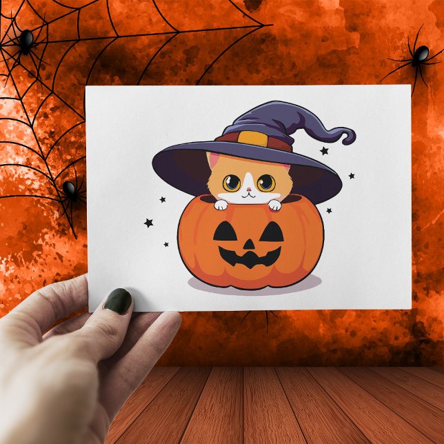 Cartão Postal Gato com chapéu de bruxa em Jack-O-Lantern de Hall (Criador carregado)