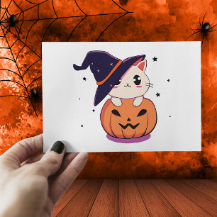 Cartão Postal Gato com chapéu de bruxa na abóbora de Halloween