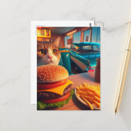 Cartão Postal Gato com Cheeseburger e Fries no Retro Diner