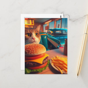 Cartão Postal Gato com Cheeseburger e Fries no Retro Diner