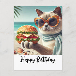Cartão Postal Gato com Hambúrguer Feliz Aniversário