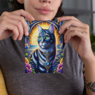 Cartão Postal Gato com joias num jardim de fantasia vibrante