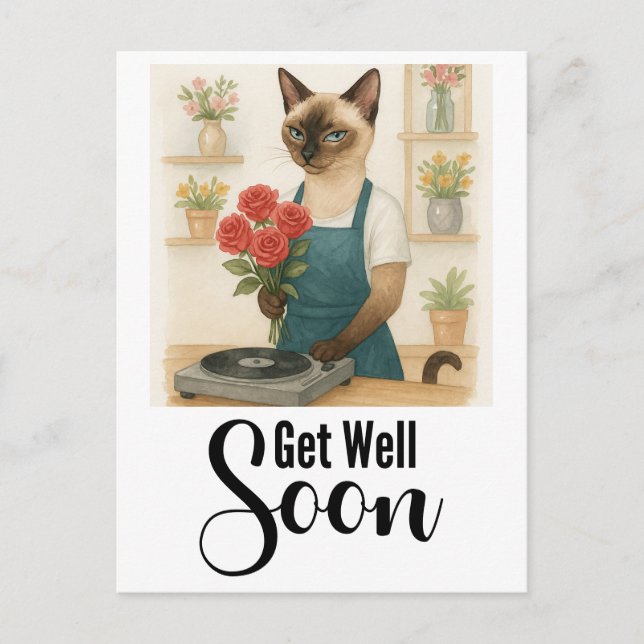 Cartão Postal Gato com muitas flores Melhoras logo  (Frente)