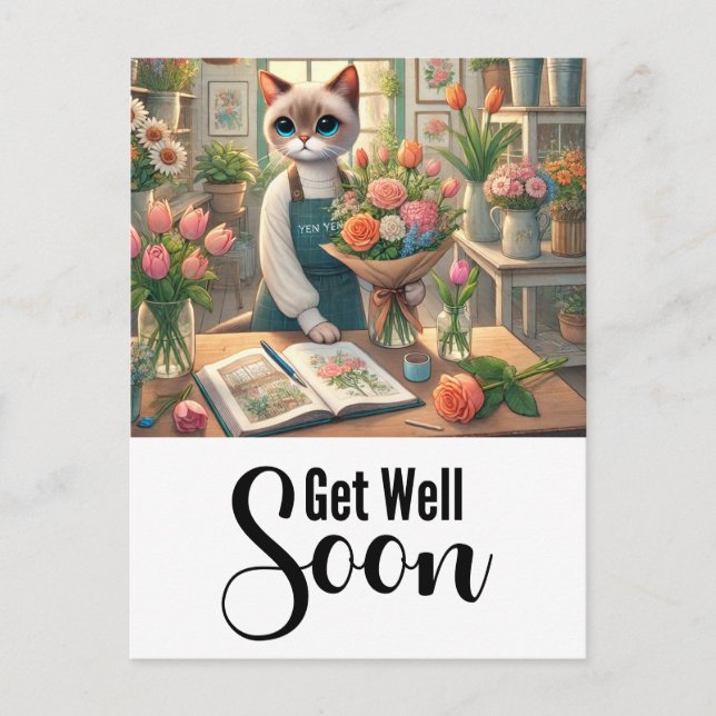 Cartão Postal Gato com muitas flores Melhoras logo  (Frente)