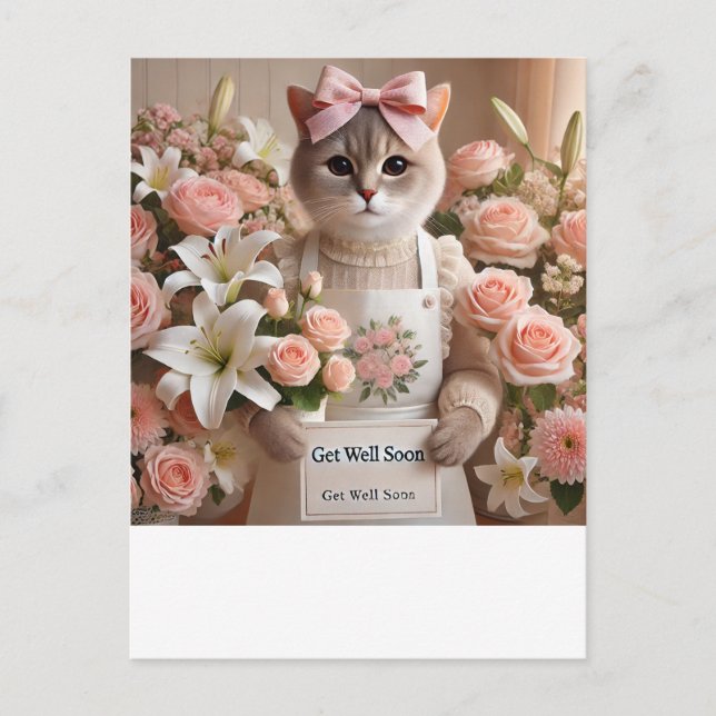 Cartão Postal Gato com muitas flores Melhoras logo  (Frente)