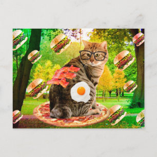 Cartão Postal Gato com óculos e comida rápida