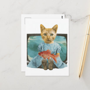 Cartão Postal Gato Com Peixe Dourado na TV Colagem Retro