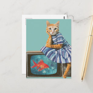 Cartão Postal Gato Com Peixe Dourado na TV Retro Colagem