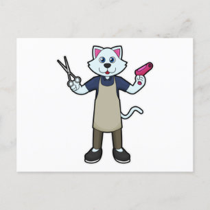 Cartão Postal Gato como Cabeleireiro com Tesoura & Secador
