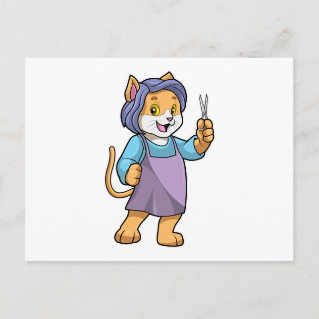 Cartão Postal Gato como Cabelereiro com Tesoura (Frente)