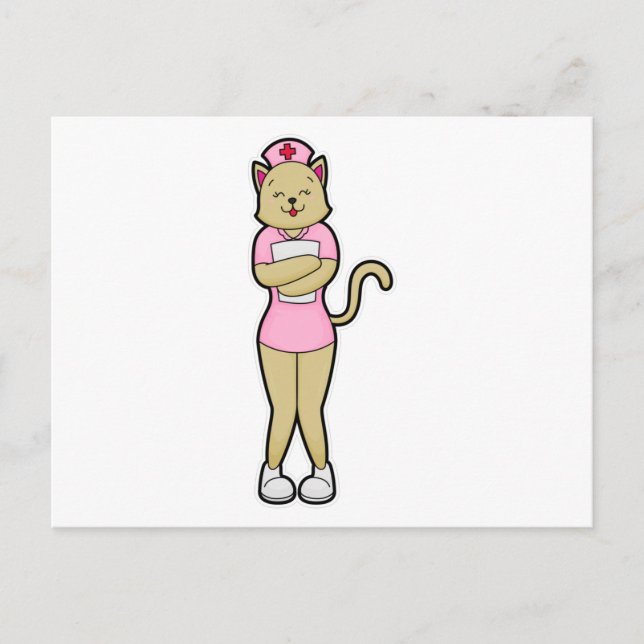 Cartão Postal Gato como Enfermeira com Lista Médica (Frente)