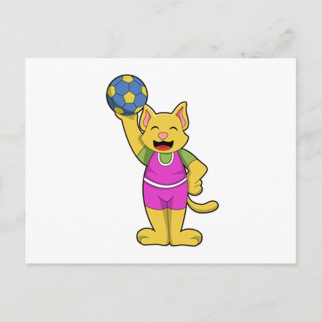 Cartão Postal Gato como jogador de handebol com bola de handebol (Frente)