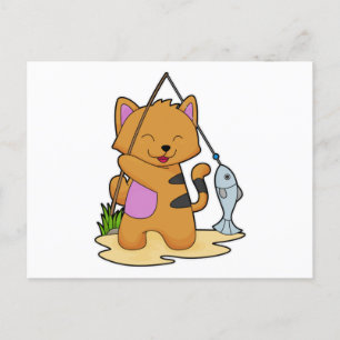 Cartão Postal Gato como Pescador com vara de pescar & Peixe