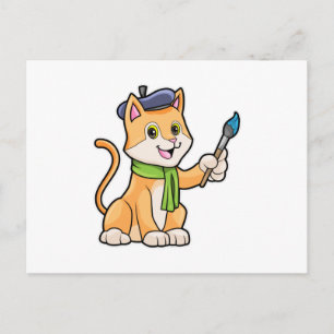 Cartão Postal Gato como Pintor com Pincel & Cachecol