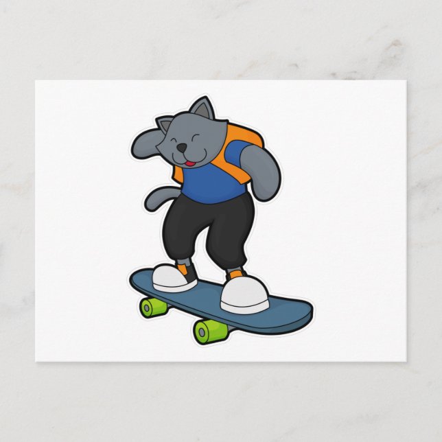 Cartão Postal Gato como Skatista com Skate (Frente)