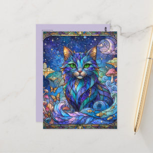 Cartão Postal Gato Cósmico Vidro Pintado Surreal Olhos Azuis Ver