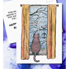 Cartão Postal Gato Curioso Vibrações de Frio de Inverno Aniversá