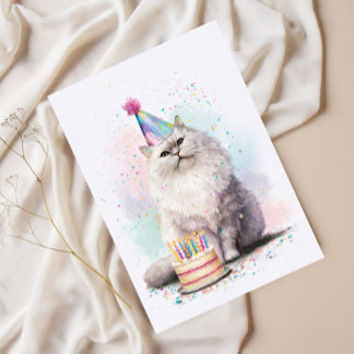 Cartão Postal Gato de Aniversário Branco e Fofinho – Gato com Ch