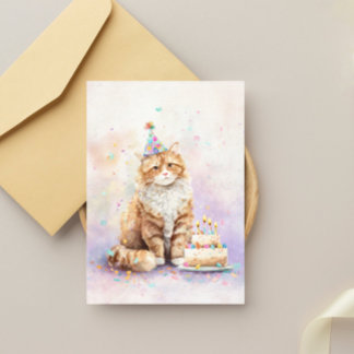 Cartão Postal Gato de Aniversário com Bolo – Gato com Chapéu de 