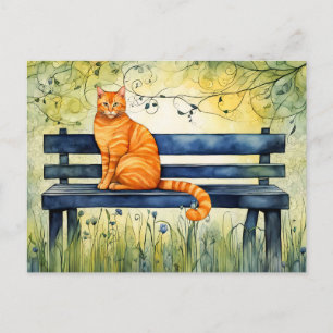 Cartão Postal Gato de Aquarela no Park Bench