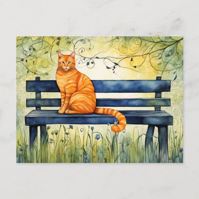 Cartão Postal Gato de Aquarela no Park Bench (Frente)
