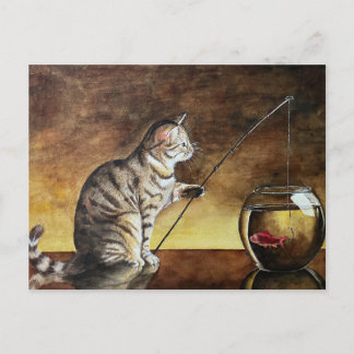 Cartão Postal gato de aquarela pescando