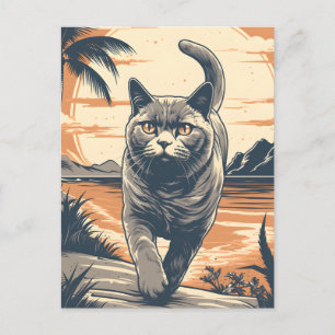Cartão Postal Gato-de-Bairro-Britânico numa praia tropical