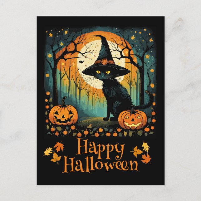 Cartão Postal Gato De Bruxa Negra Do Halloween E Abóbora De Lua (Frente)