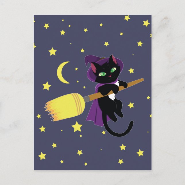 Cartão Postal Gato de Bruxa Voadora (Frente)