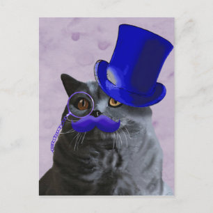 Cartão Postal Gato de cinza com bigode azul superior e bigode