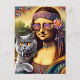 Cartão Postal Gato de Cinzas de Fumar Mona Lisa Hippie