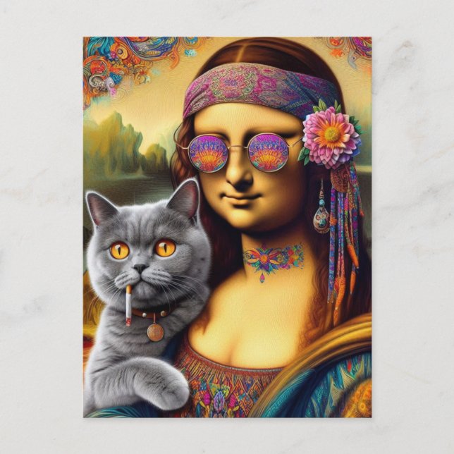 Cartão Postal Gato de Cinzas de Fumar Mona Lisa Hippie (Frente)