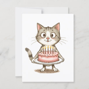 Cartão Postal Gato de desenho animado com bolo de aniversário