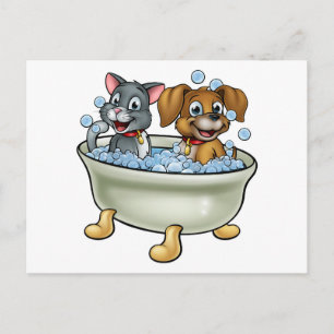 Cartão Postal Gato de desenho animado e cachorro no banho