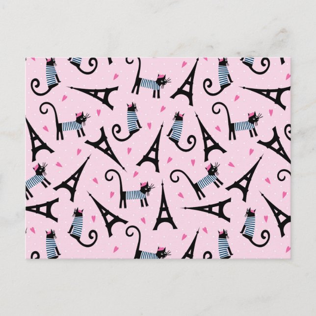 Cartão Postal Gato De Estilo Francês Vestido Com Padrão De Torre (Frente)