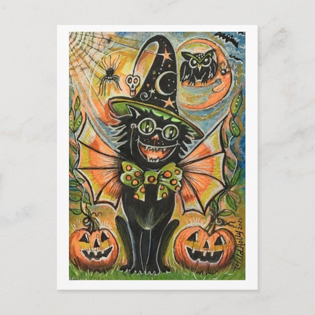 Cartão Postal Gato de Festa de Halloween (Frente)