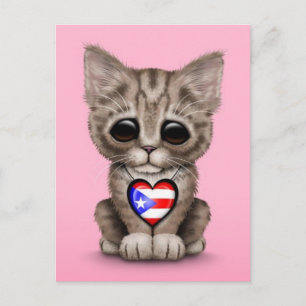 Cartão Postal Gato de Gatinho Bonito com Bandeira de Porto Rico,