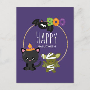 Cartão Postal Gato de Halloween, Bat e Mummy Boo