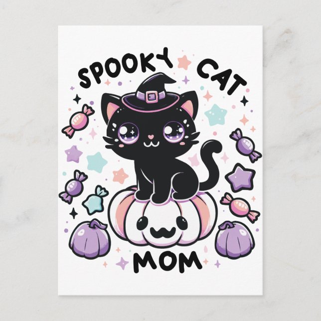 Cartão Postal Gato de Halloween de Kawaii - Gatinho de Bruxas Bo (Frente)