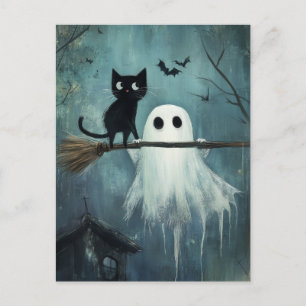 Cartão Postal Gato de Halloween e Espírito Voando na Broca