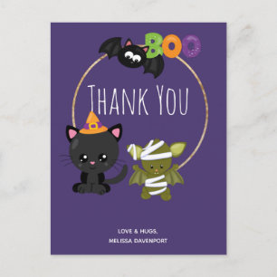 Cartão Postal Gato de Halloween Fofo, Morcego & Mamãe Boo Obriga