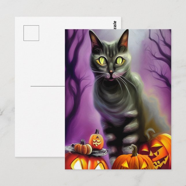 Cartão Postal Gato de Halloween Negro e Abóboras Esculpidas (Frente/Verso)