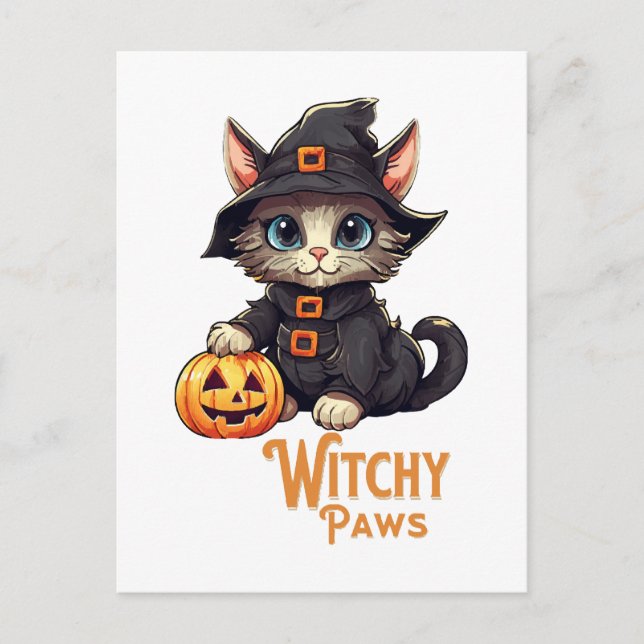 Cartão Postal Gato de Halloween Patas Bruxa (Frente)